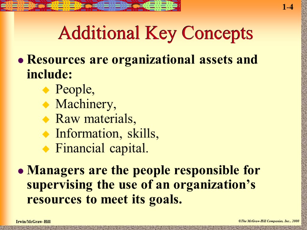 Additional Key Concepts Resources are organizational assets and include: People, Machinery, Raw materials, Information,